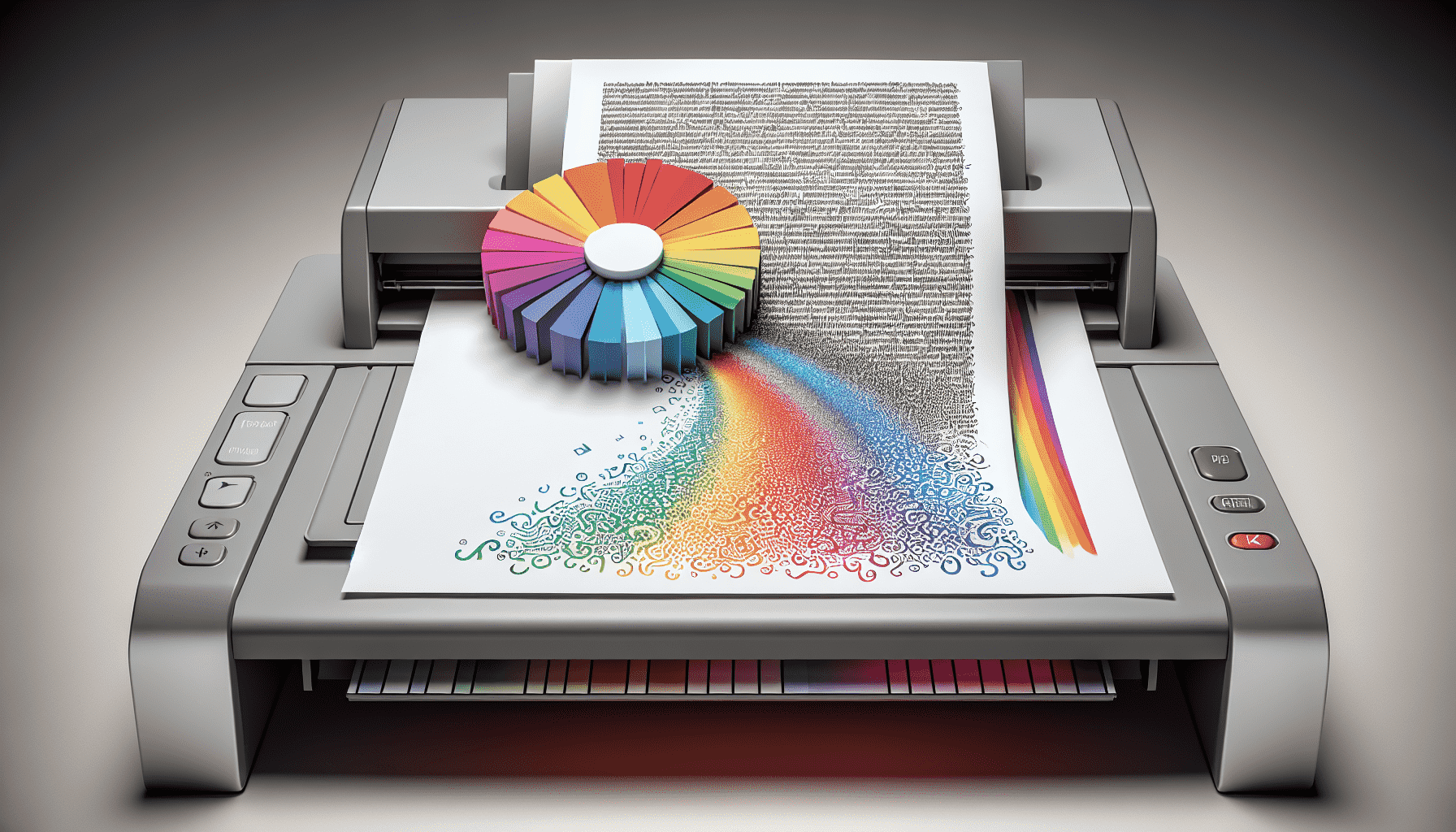 A grayscale pdf with a color wheel and a printer icon
