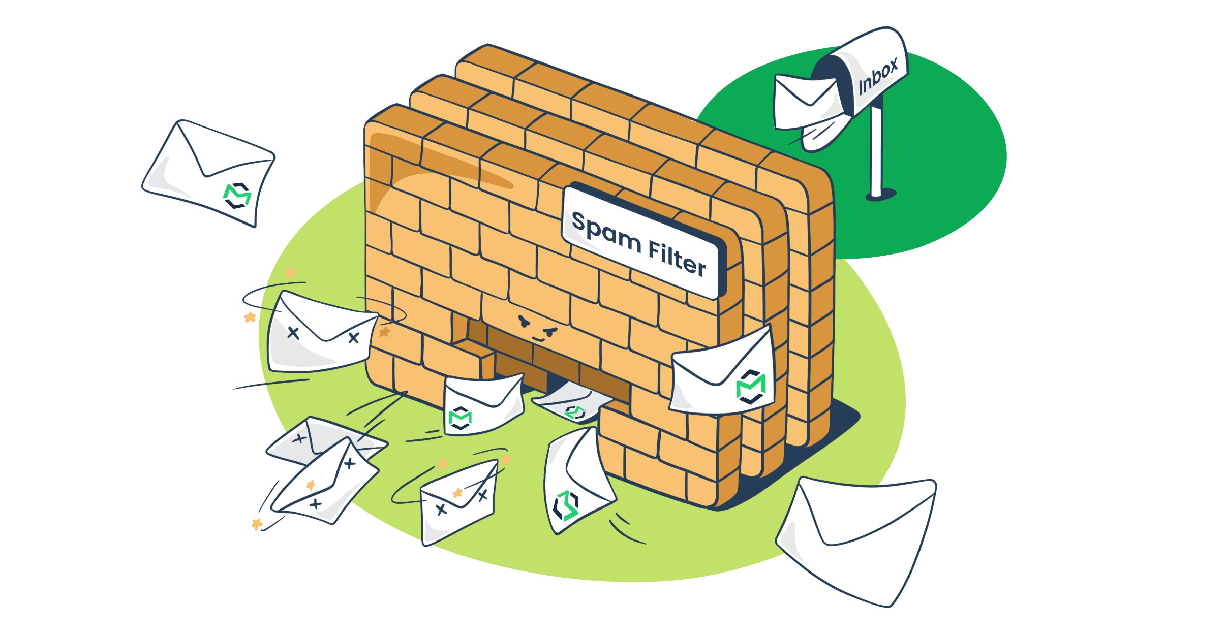 Illustration of spam emails being filtered by a shield representing ISP's spam filters