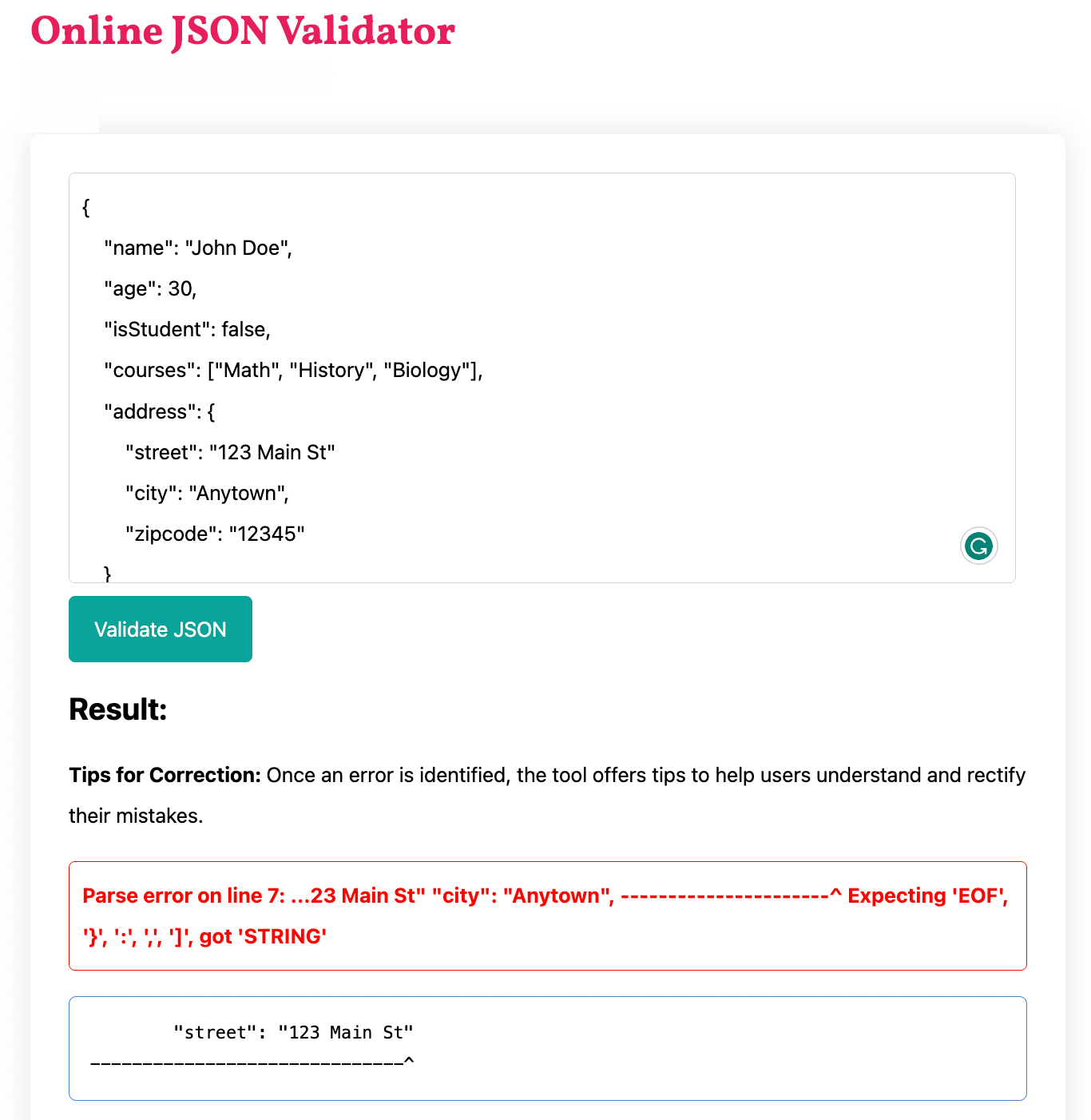 JSON validator tool with error detection and formatting
